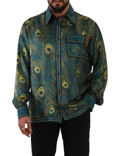 Chemise de pyjama en soie à imprimé plumes de paon Dolce & Gabbana pour homme
