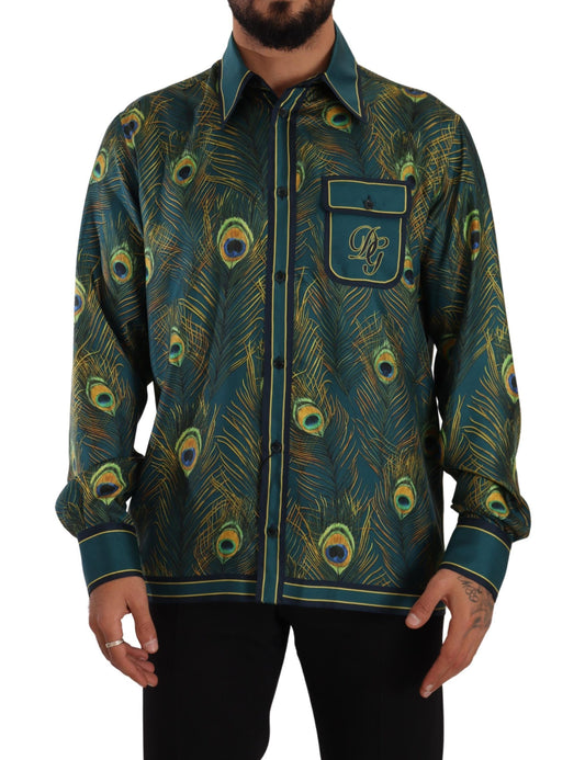 Chemise de pyjama en soie à imprimé plumes de paon Dolce & Gabbana pour homme