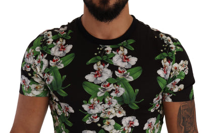T-shirt à col rond noir à imprimé floral de Dolce & Gabbana