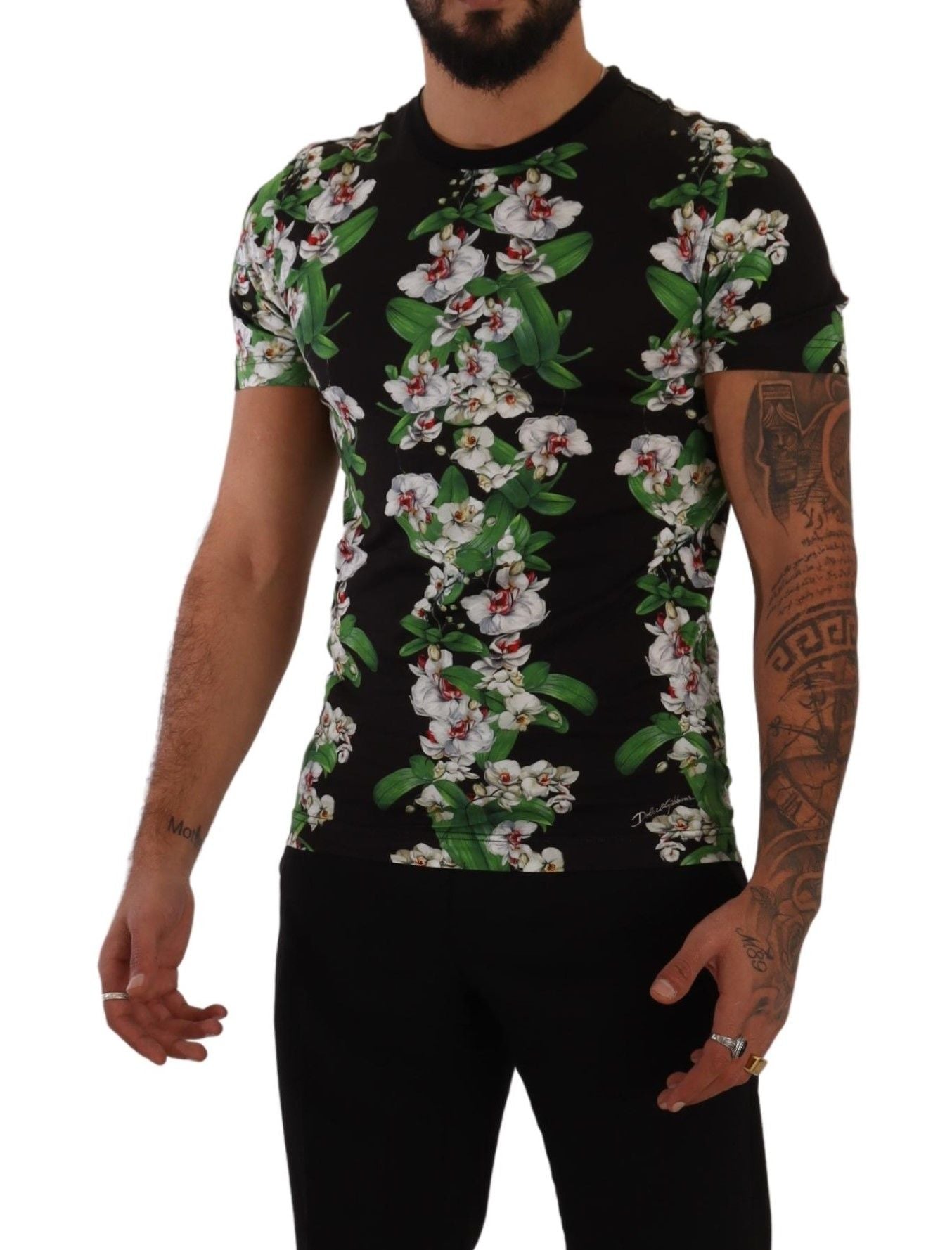 T-shirt à col rond noir à imprimé floral de Dolce & Gabbana