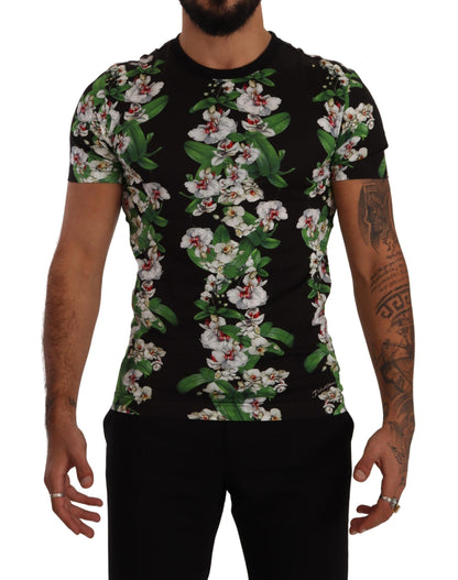 T-shirt à col rond noir à imprimé floral de Dolce & Gabbana