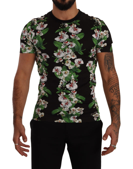 T-shirt à col rond noir à imprimé floral de Dolce & Gabbana