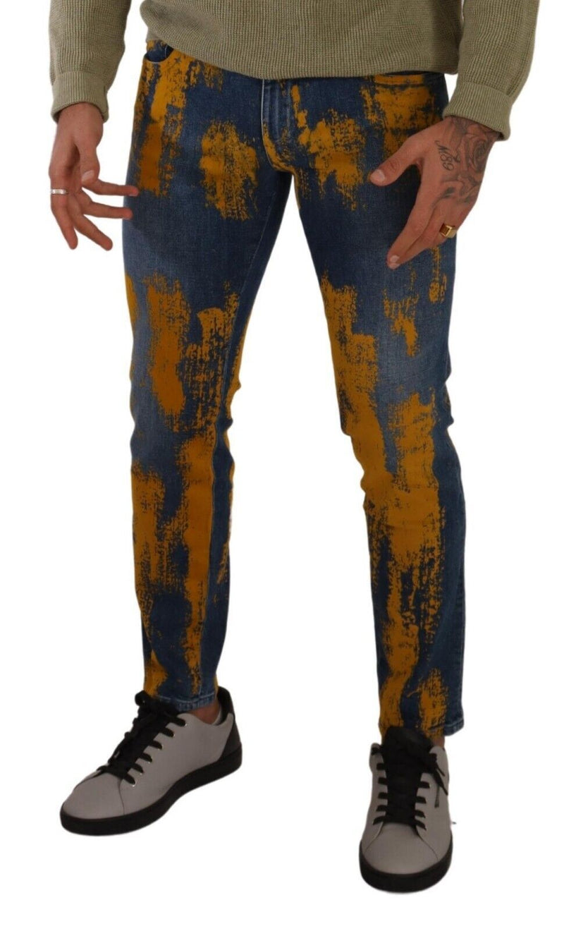 Dolce &amp; Gabbana blauwe, geel geverfde katoenen skinny jeans voor heren