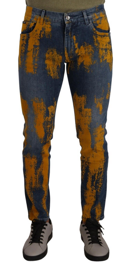 Jean skinny en coton pour homme, bleu et jaune, teinture délavée, Dolce & Gabbana