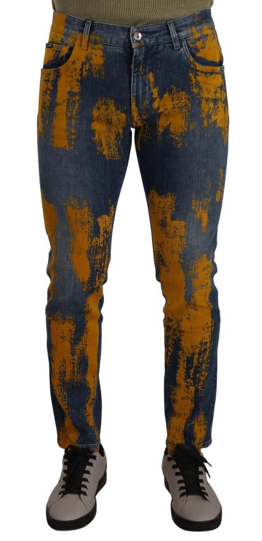Jean skinny en coton pour homme, bleu et jaune, teinture délavée, Dolce & Gabbana