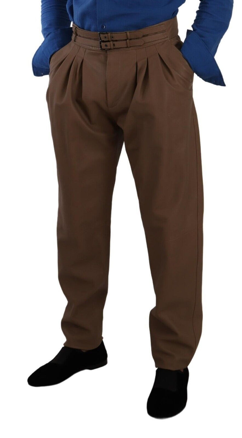 Bruine leren, taps toelopende, hoge taille broek van Dolce &amp; Gabbana