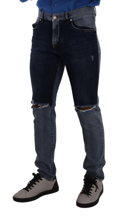 Jeans slim en coton délavé bleu à deux tons, déchirés, Dolce & Gabbana