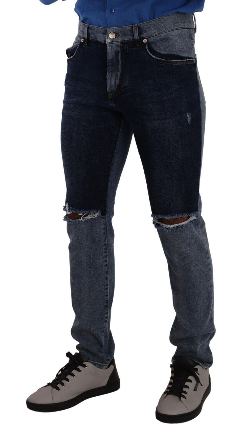 Jeans slim en coton délavé bleu à deux tons, déchirés, Dolce &amp; Gabbana