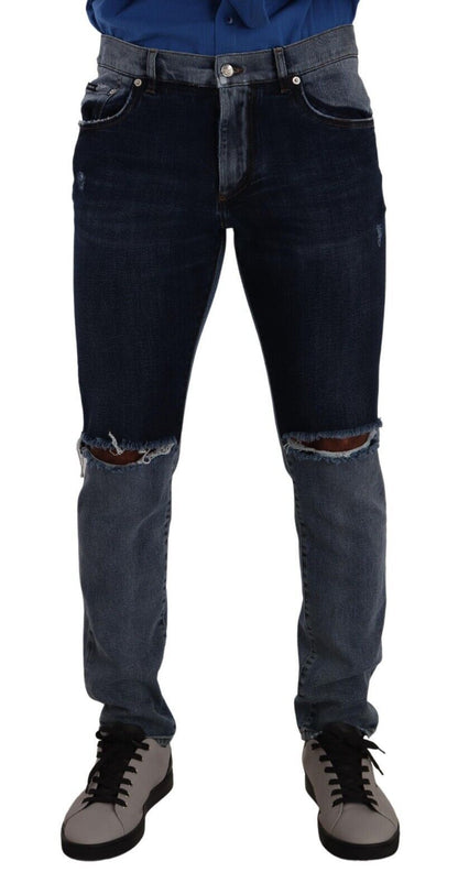 Jeans slim en coton délavé bleu à deux tons, déchirés, Dolce & Gabbana