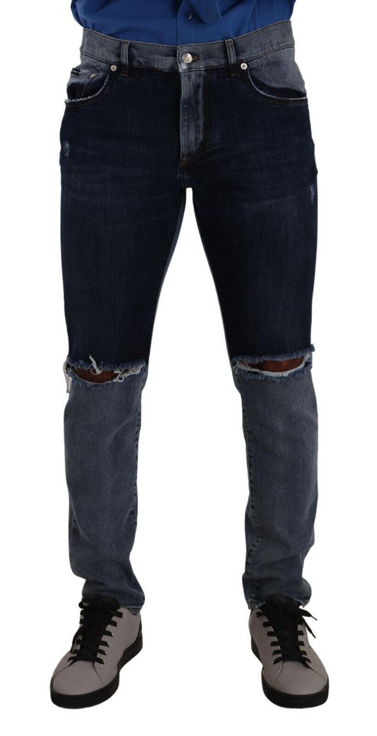 Jeans slim en coton délavé bleu à deux tons, déchirés, Dolce & Gabbana