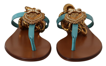 Sandales plates Devotion en cuir bleu de Dolce & Gabbana