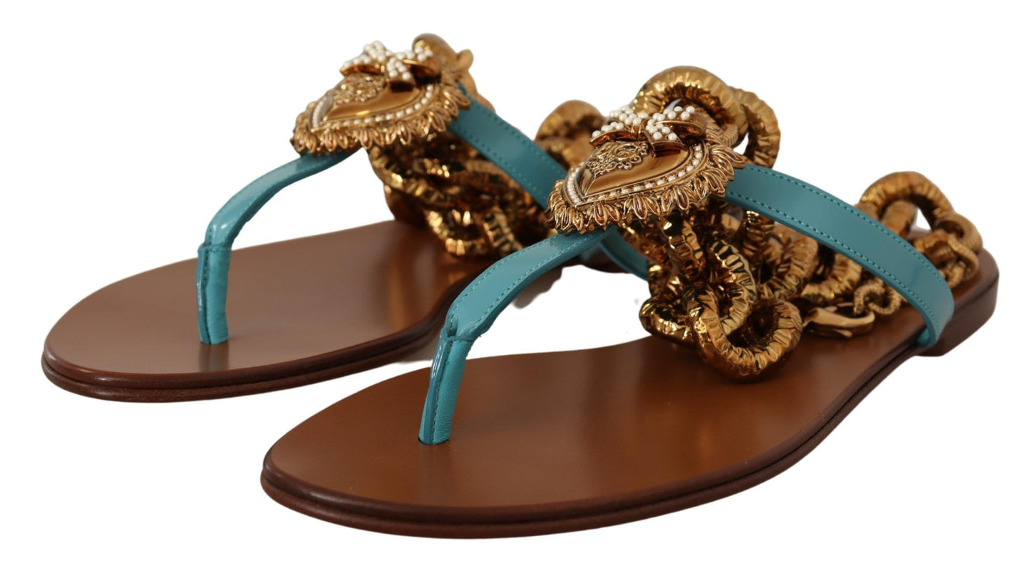 Sandales plates Devotion en cuir bleu de Dolce & Gabbana