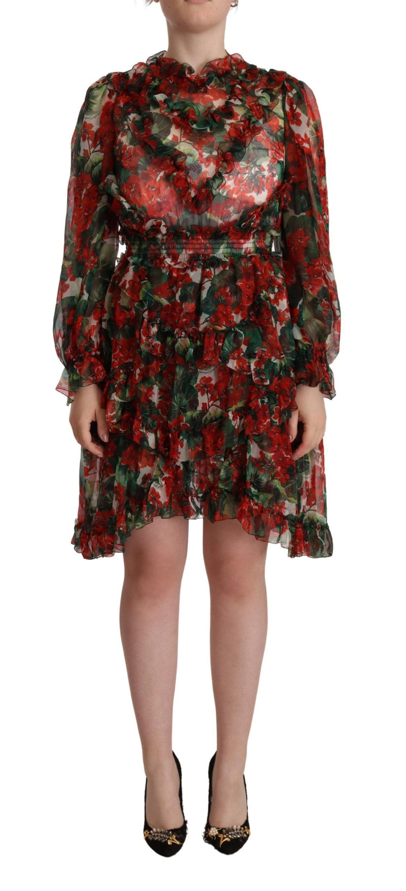 Dolce & Gabbana Robe Maxi Longue Fleurie Multicolore Rouge en Soie