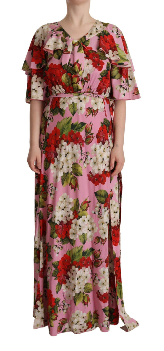 Robe longue en soie extensible à imprimé floral rose de Dolce & Gabbana