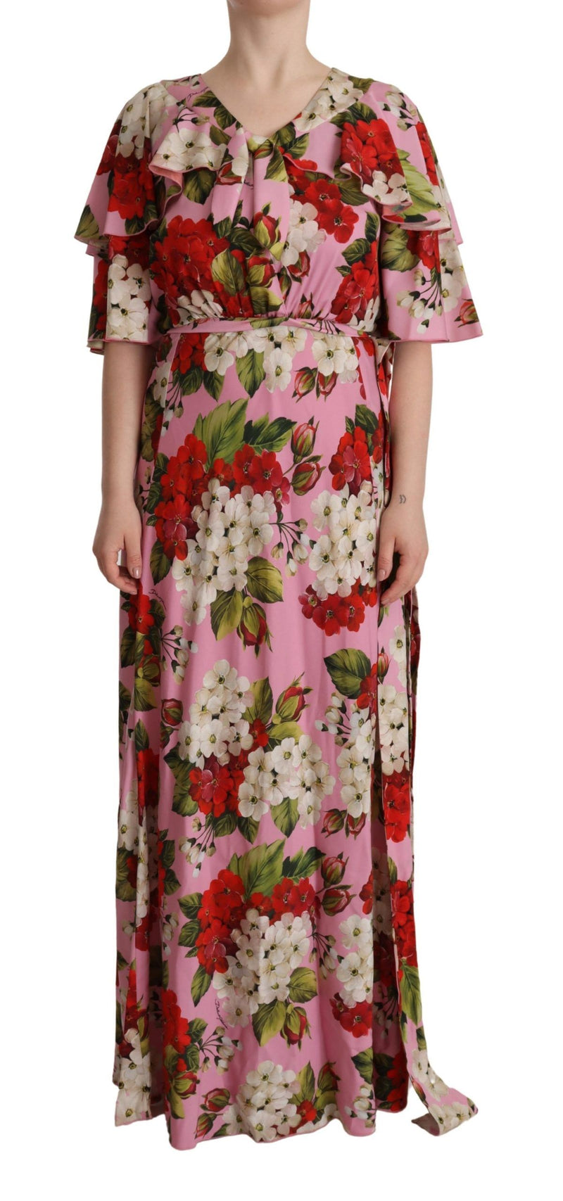Robe Maxi en Soie Stretch Fleurie Rose Dolce & Gabbana