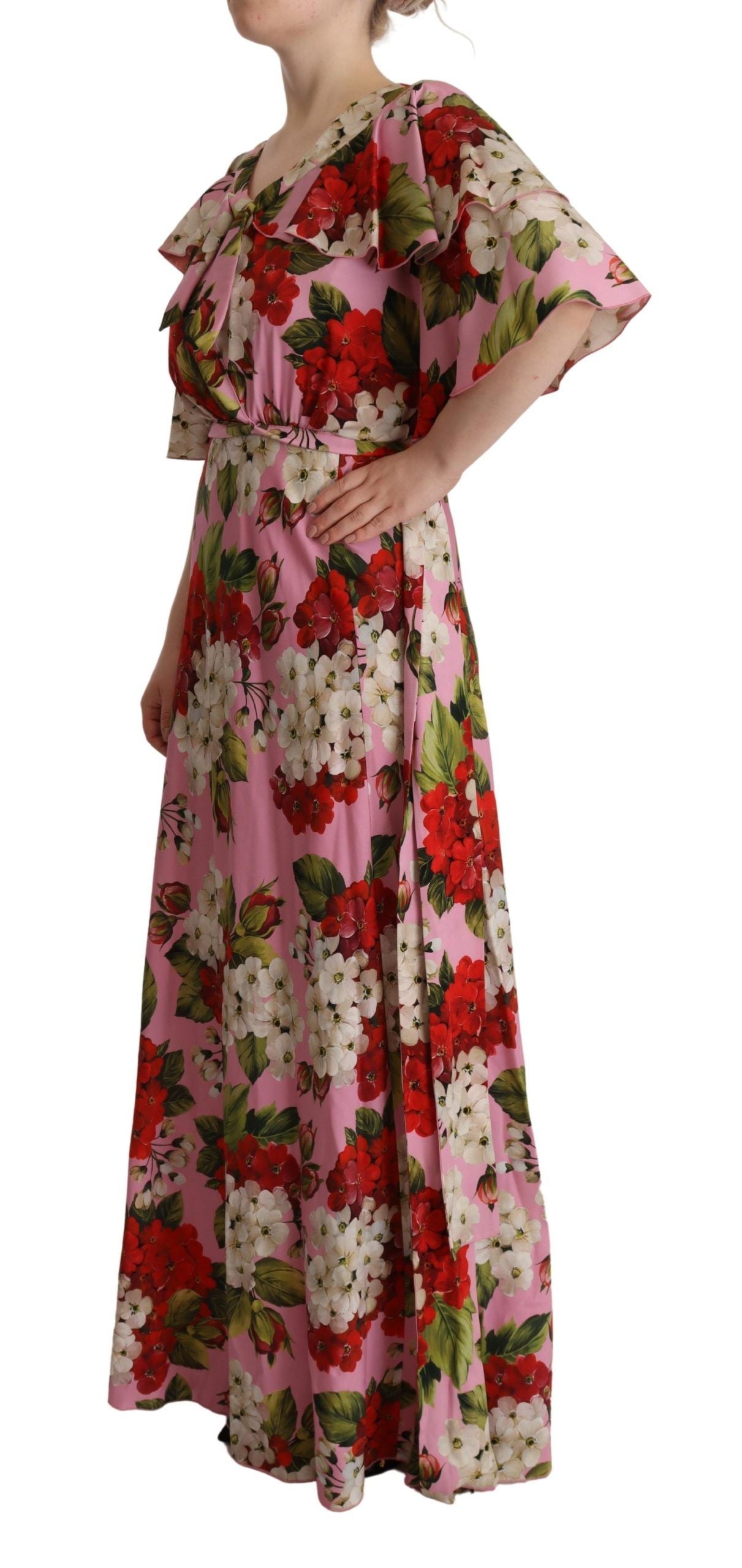 Robe longue en soie extensible à imprimé floral rose de Dolce & Gabbana