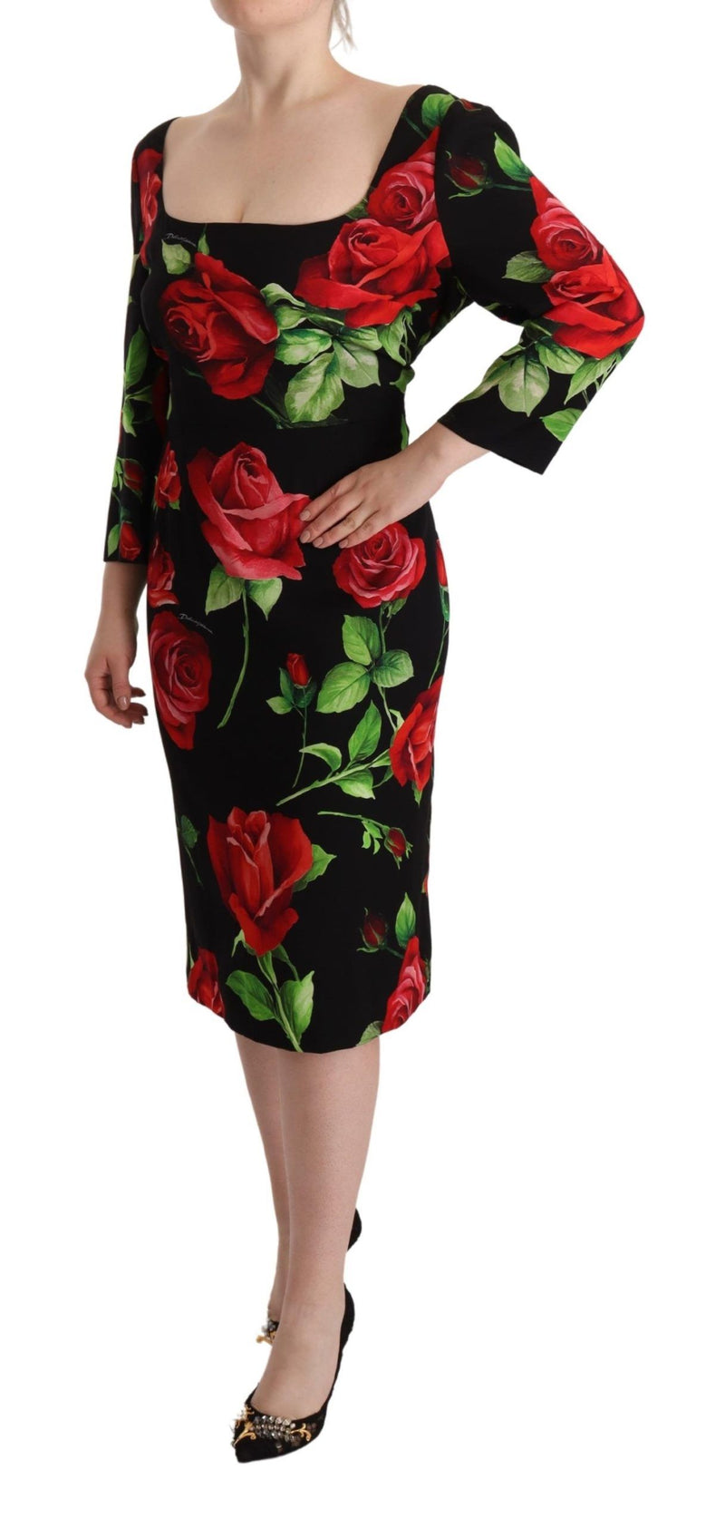 Dolce & Gabbana Robe Époussetée en Soie Noire avec Roses Rouges