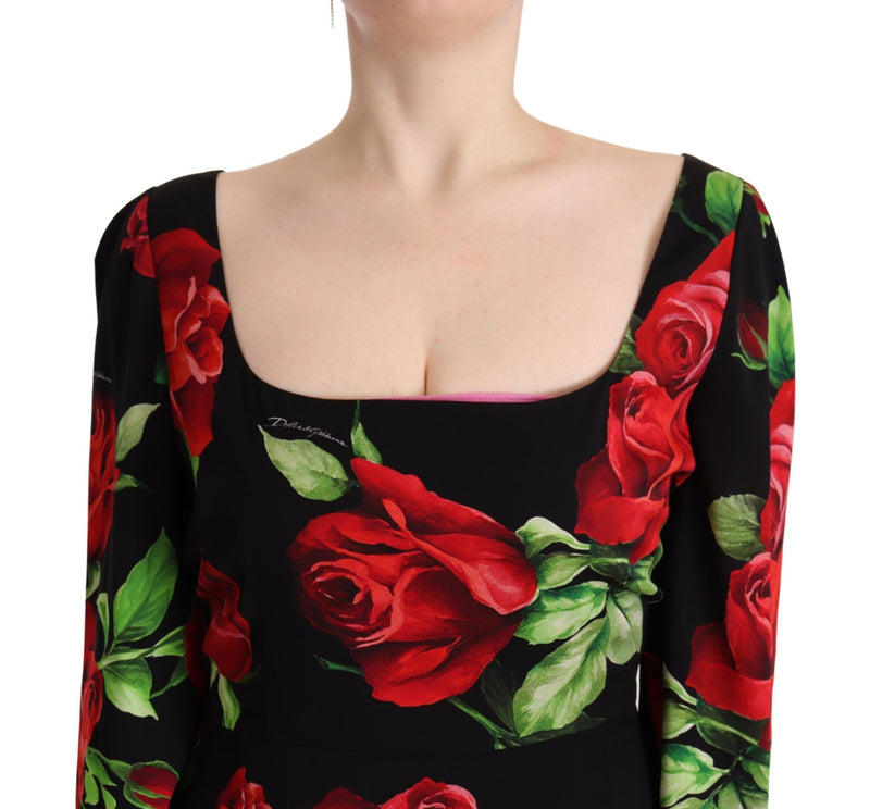 Dolce & Gabbana Robe Époussetée en Soie Noire avec Roses Rouges