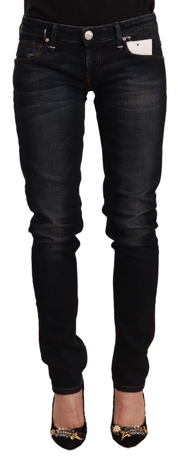 Jeans slim taille basse en coton noir délavé Acht