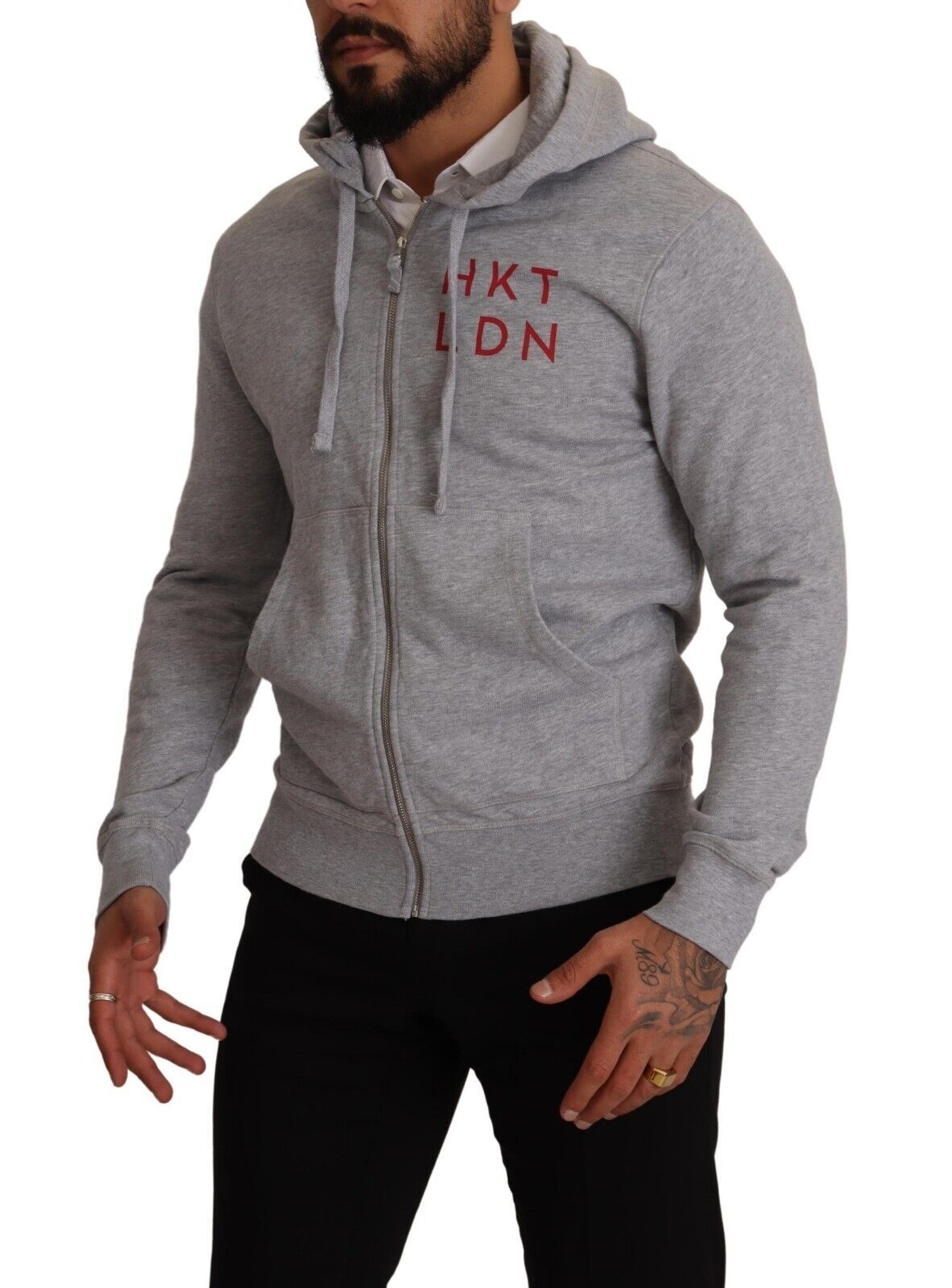 Pull en coton à capuche avec fermeture éclair intégrale Hackett, gris.