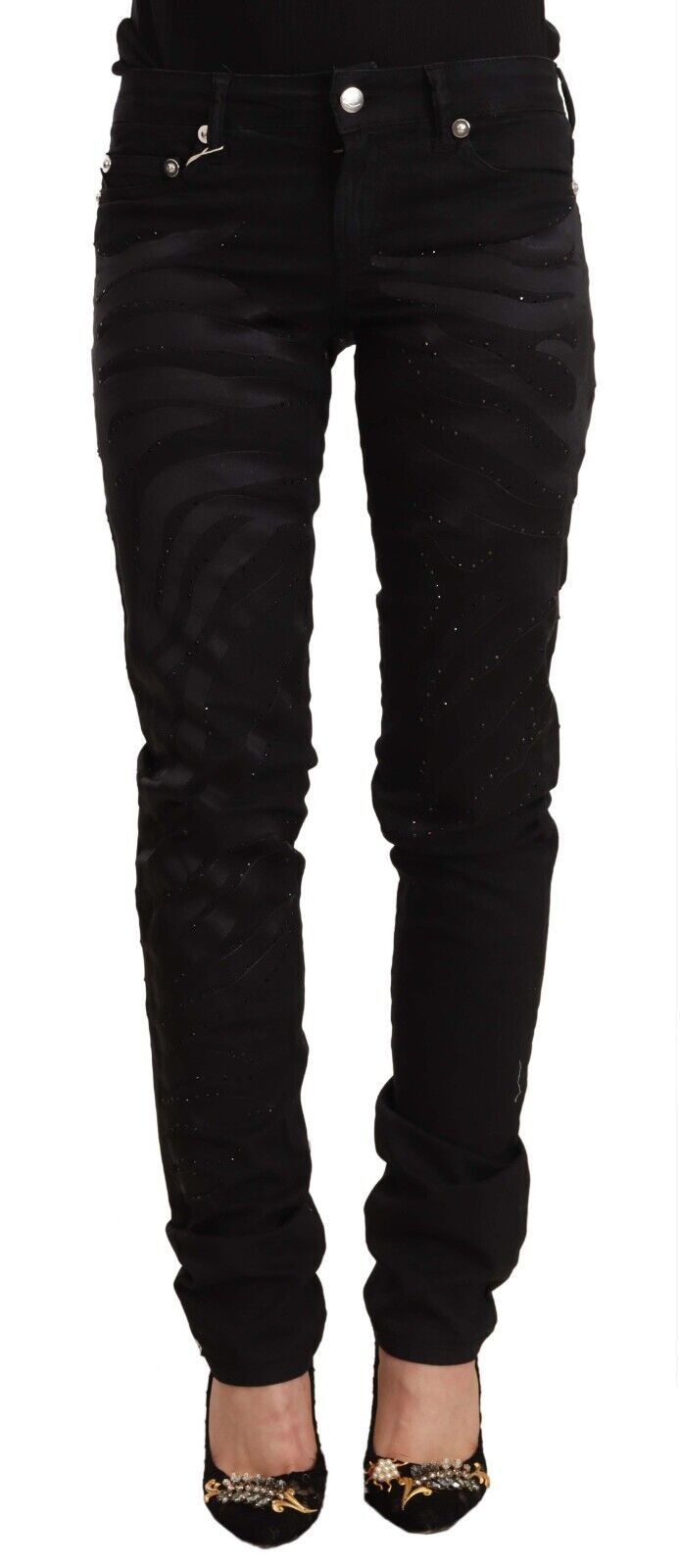 Just Cavalli zwarte skinny jeans met versieringen en een middelhoge taille.