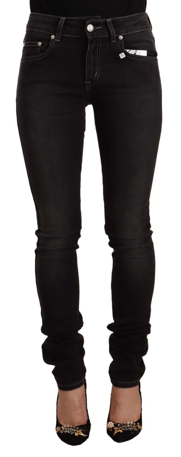 GF Ferre Jeans Skinny Noir Lavé Taille Mi-haute