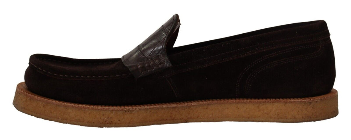 Dolce & Gabbana Mocassins en Suède et Cuir Crocodile Marron