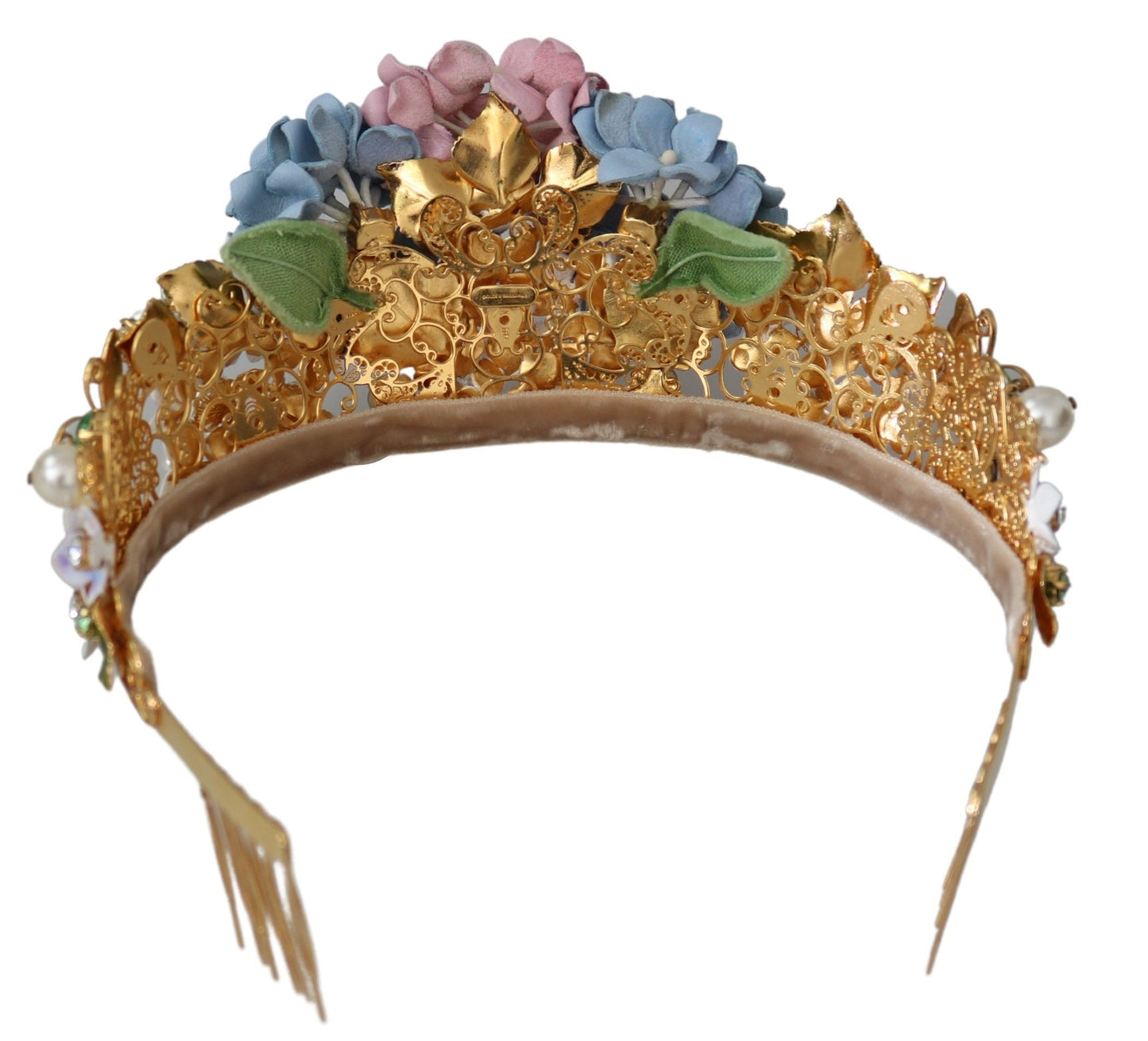 Serre-tête couronne diadème Dolce & Gabbana en cristal doré et hortensia violet
