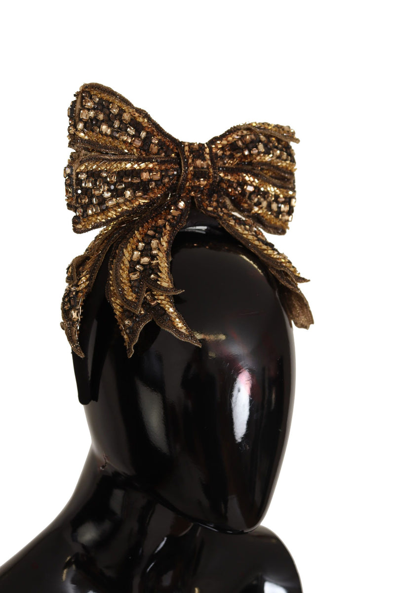 Dolce & Gabbana Gold Crystal Beaded Sequined Silk Bow Headband