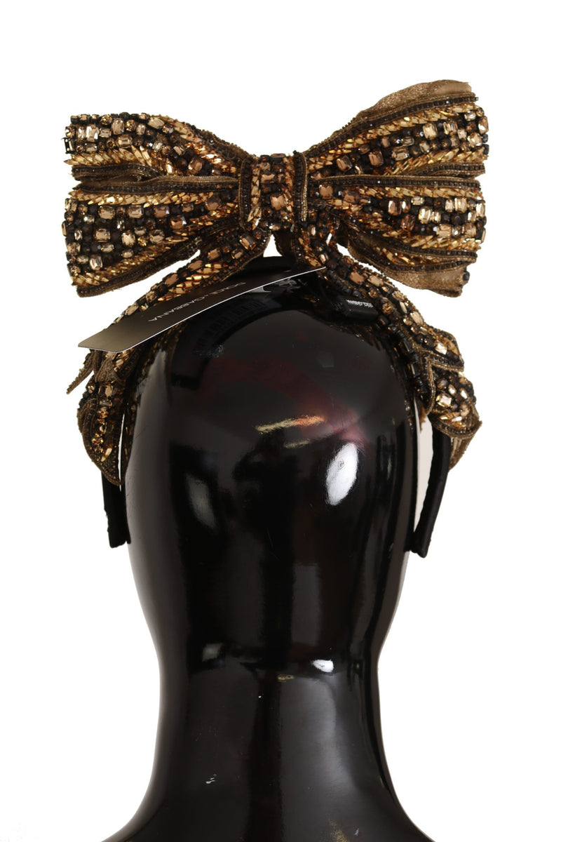 Dolce & Gabbana Gold Crystal Beaded Sequined Silk Bow Headband