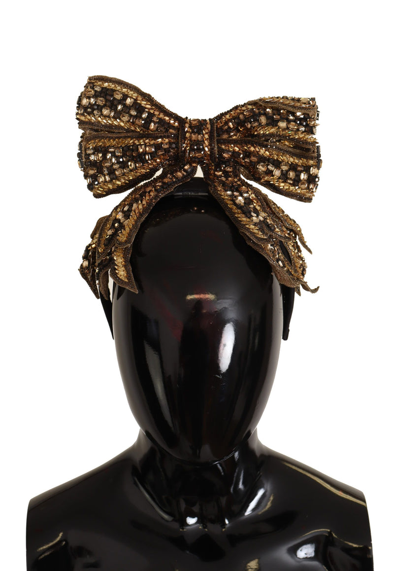 Dolce & Gabbana Gold Crystal Beaded Sequined Silk Bow Headband