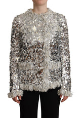 Dolce & Gabbana Veste Longue en Shearling Argenté Pailleté