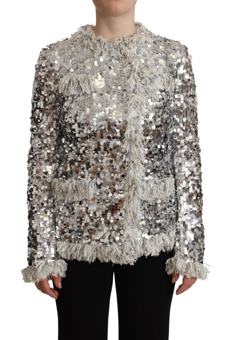 Dolce & Gabbana Veste Longue en Shearling Argenté Pailleté