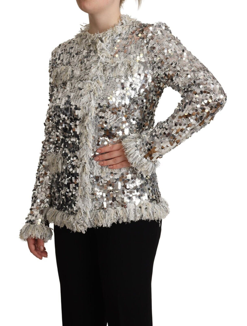Dolce & Gabbana Veste Longue en Shearling Argenté Pailleté