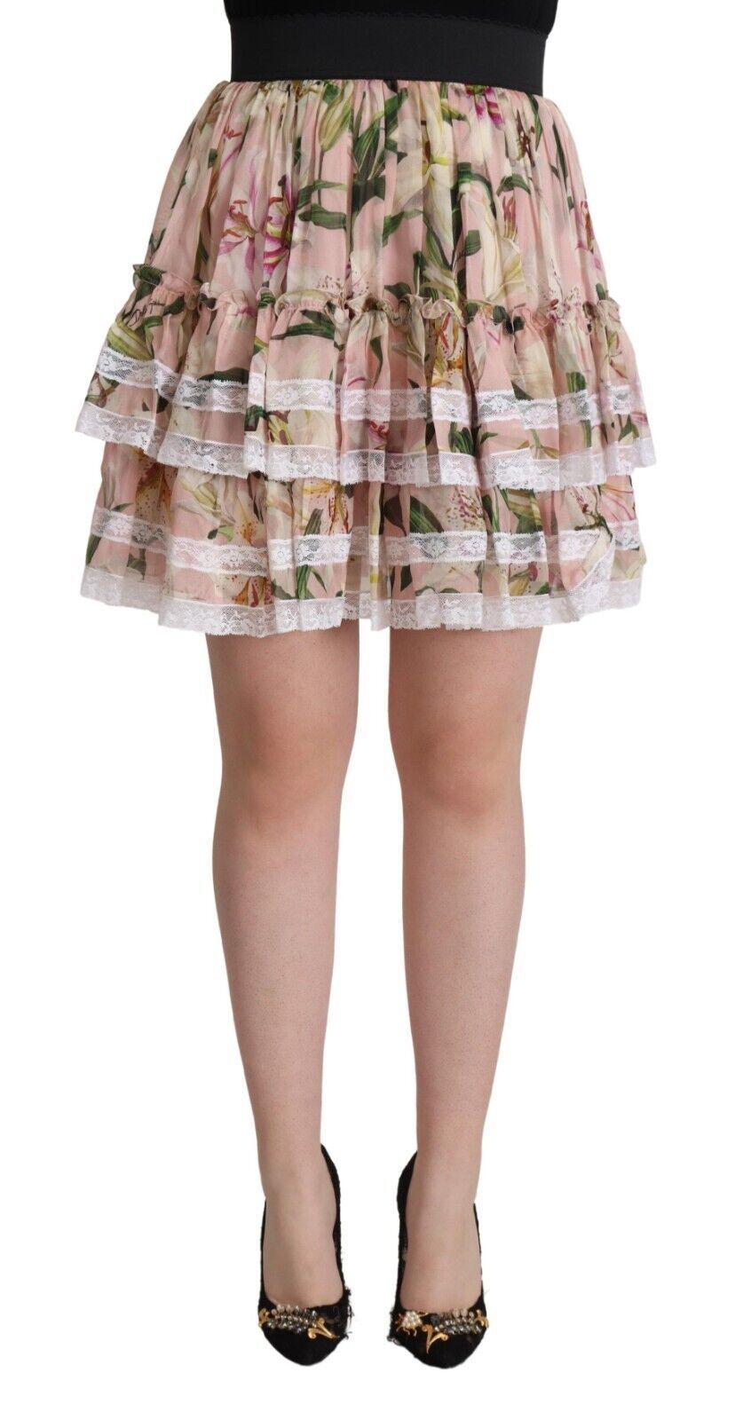 Dolce & Gabbana Jupe Mini A-Line en Soie Imprimée Lily Rose