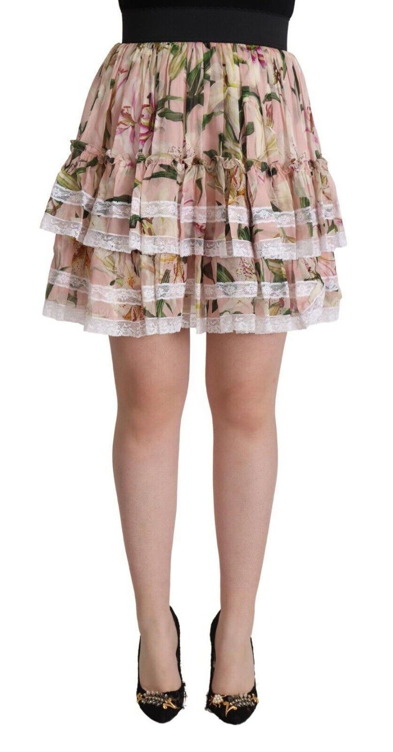 Dolce & Gabbana Jupe Mini A-Line en Soie Imprimée Lily Rose