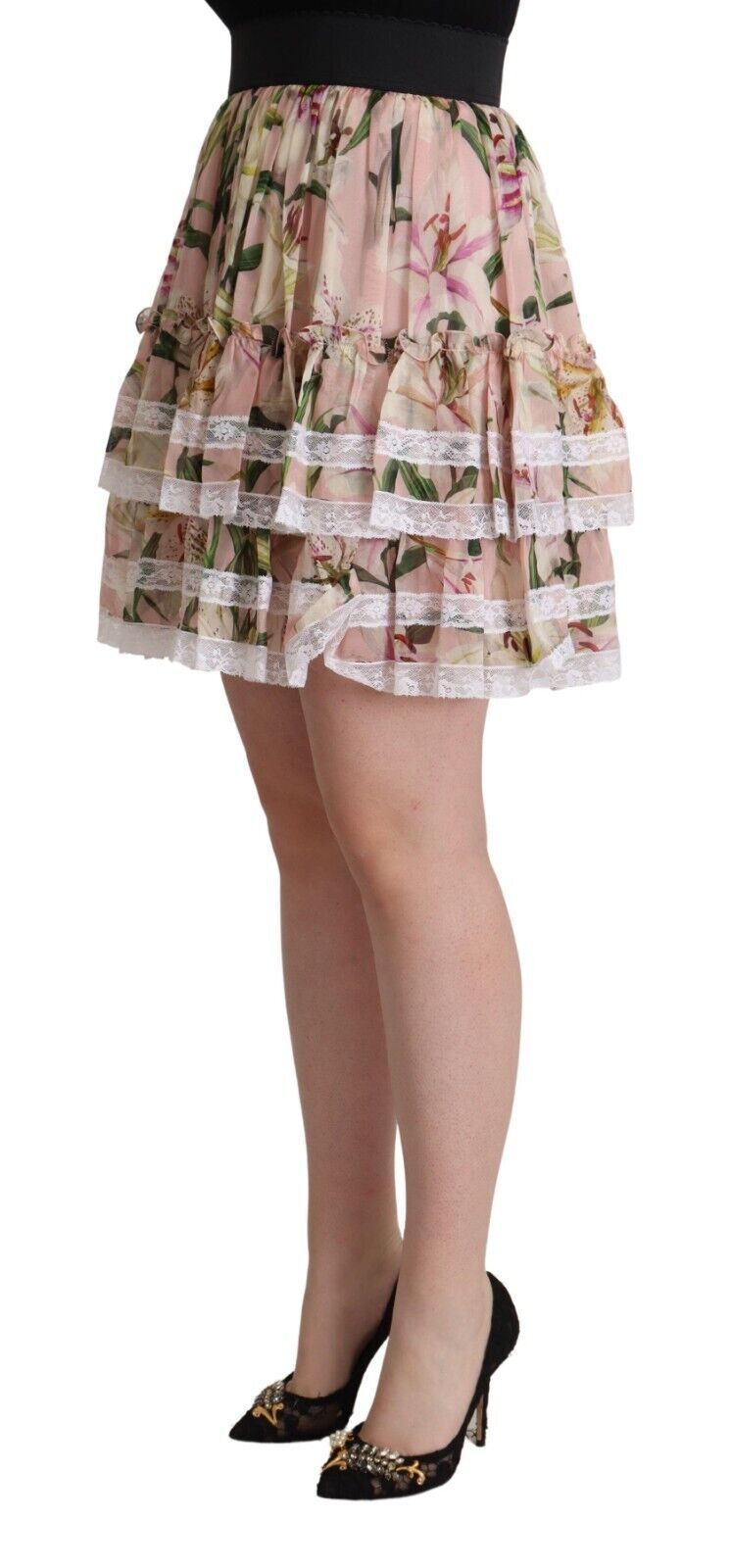Dolce & Gabbana Jupe Mini A-Line en Soie Imprimée Lily Rose