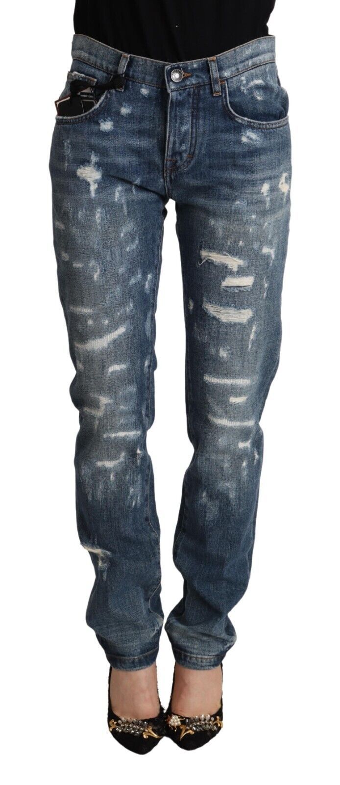 Jeans Skinny Boyfriend Distressés en Denim Bleu Dolce & Gabbana