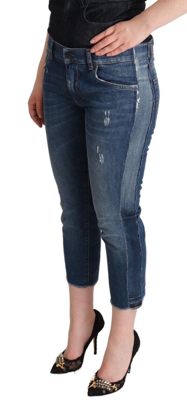 Dolce & Gabbana Jeans Cropped en Denim Bleu Logo