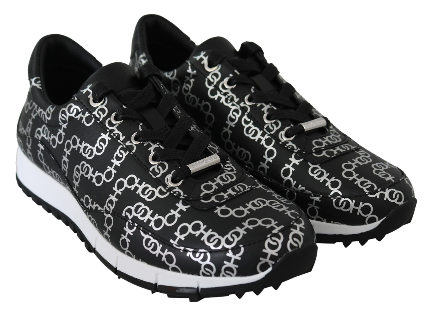 Jimmy Choo Elegante Zwarte &amp; Zilveren Lederen Sneakers