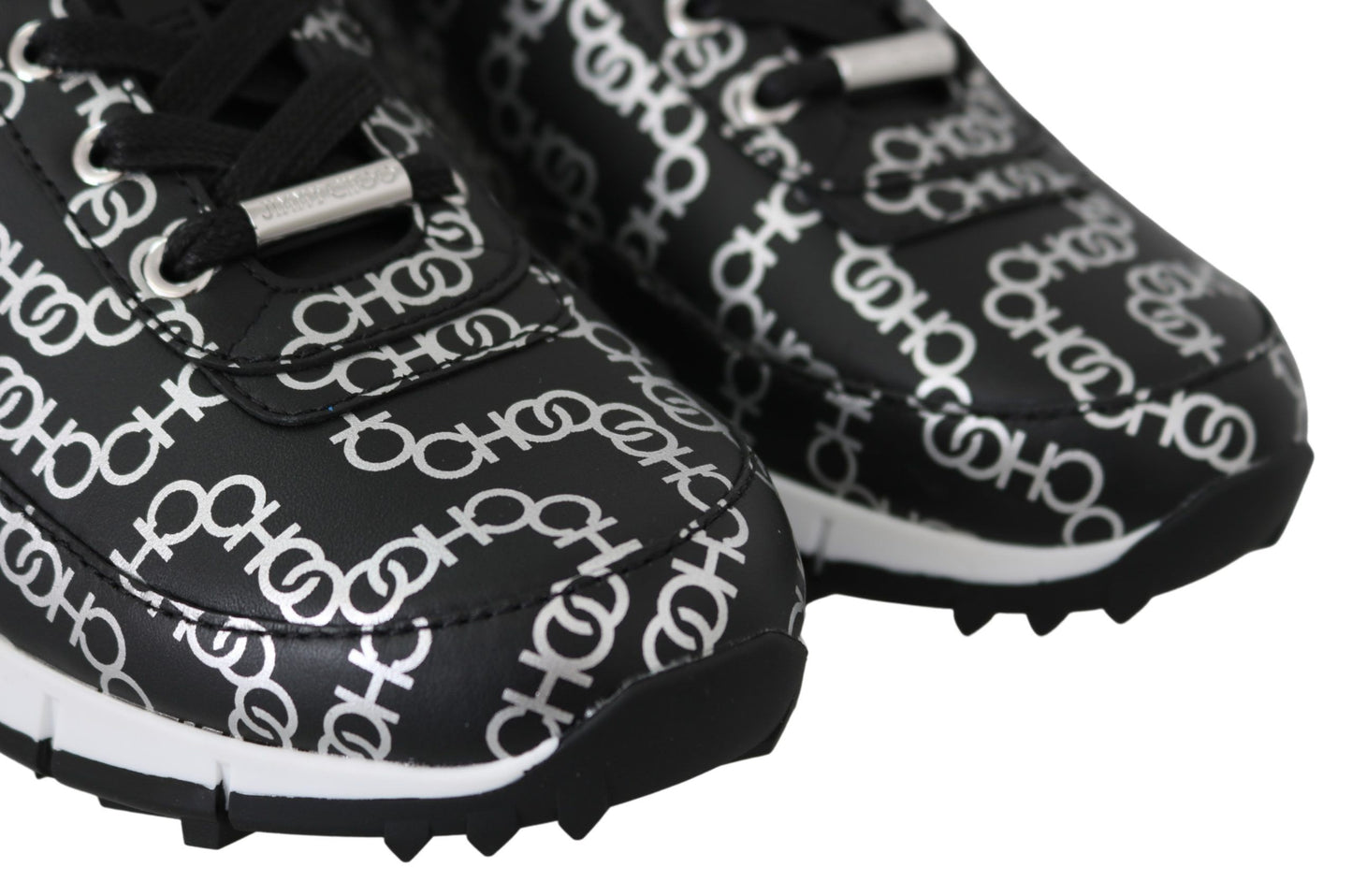 Jimmy Choo Elegante Zwarte &amp; Zilveren Lederen Sneakers