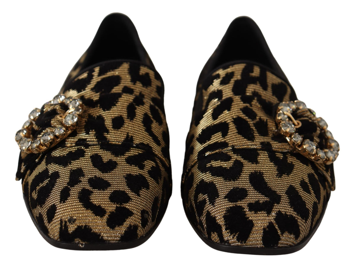 Dolce & Gabbana Gold Leopard Print Crystals Loafers