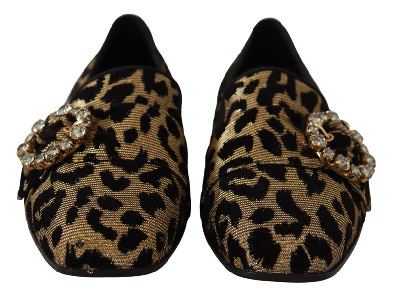 Dolce & Gabbana Gold Leopard Print Crystals Loafers