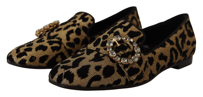 Dolce & Gabbana Gold Leopard Print Crystals Loafers