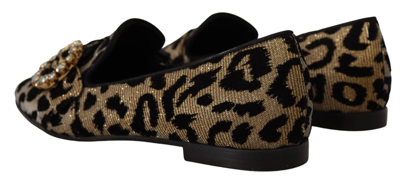 Dolce & Gabbana Gold Leopard Print Crystals Loafers
