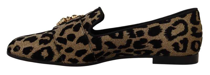 Dolce & Gabbana Gold Leopard Print Crystals Loafers