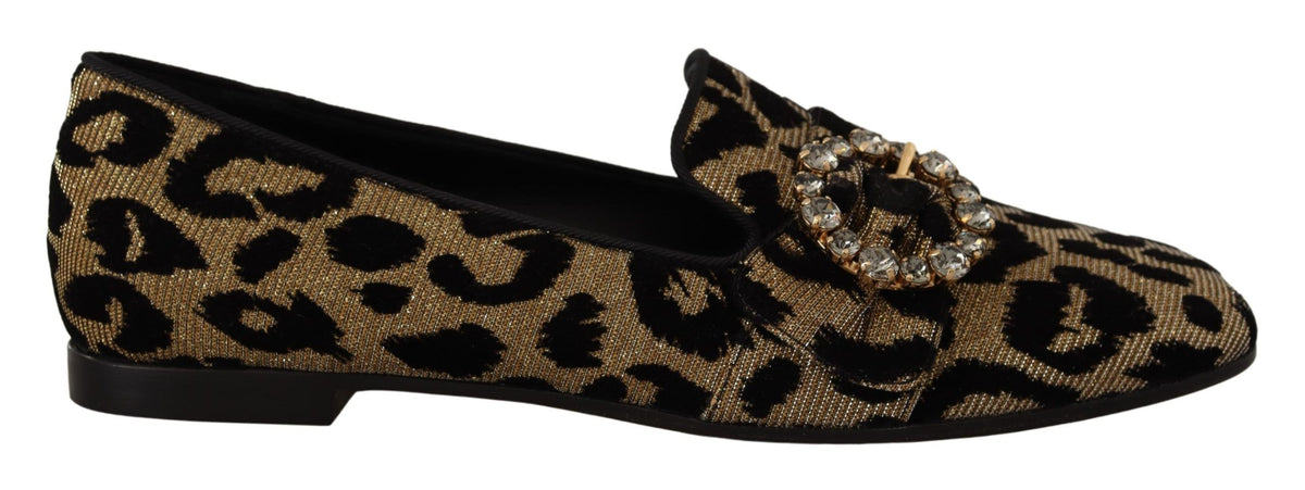 Dolce & Gabbana Gold Leopard Print Crystals Loafers