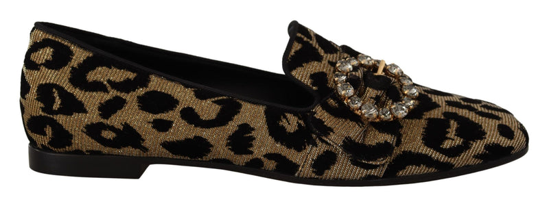 Dolce & Gabbana Gold Leopard Print Crystals Loafers