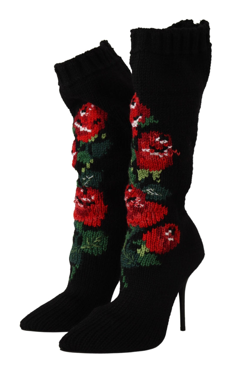 Dolce & Gabbana Black Stretch Socks Booties with Red Roses
