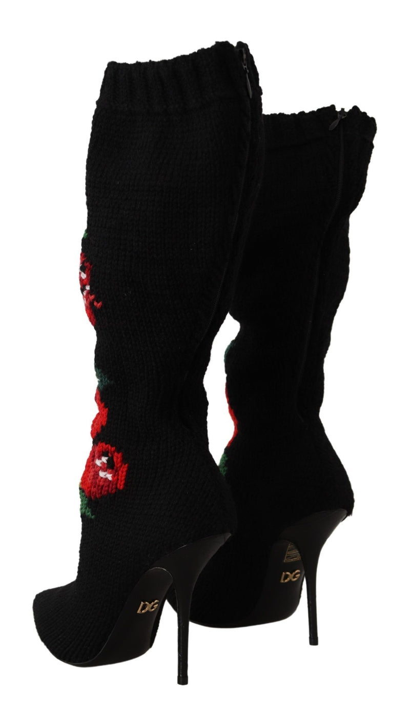 Dolce & Gabbana Black Stretch Socks Booties with Red Roses